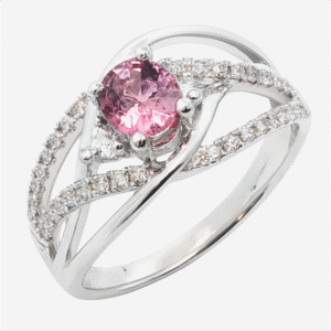 Non Heated Pink Sapphire and Diamond Halo Twist Ring in 18K White Gold
