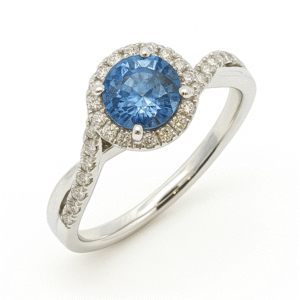 Blue Sapphire and Diamond Twist Band Ring in 18K White Gold