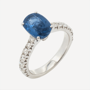 Blue Sapphire and Diamond Ring With Hidden Detail in 18K White Gold