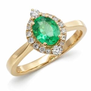 Oval Shape Brazilian Emerald and Diamond Halo Ring in 18K Yellow Gold