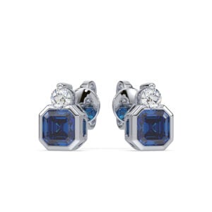 Diamond and Blue Sapphire Stud Earrings in 14K White Gold