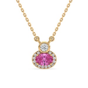 Canadian Diamond & Madagascar Origin Non Heated Pink Sapphire Halo Pendant in Yellow Gold