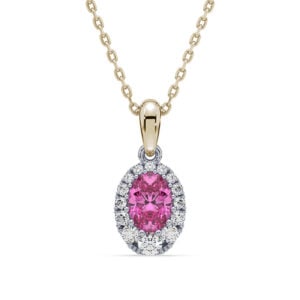 Non Heated Pink Sapphire and De Beers Forevermark Diamond Halo Pendant in 14K Gold