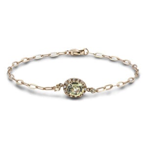 Non Heated Tanzanian Origin Green Yellow Sapphire and Canadian Diamond Halo Paperclip Chain Bracelet in Yellow Gold