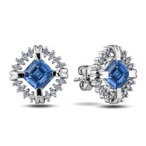Cushion Shape Blue Sapphire and Diamond Halo Stud Earrings in 14K White Gold