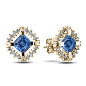 Cushion Shape Blue Sapphire and Diamond Halo Stud Earrings in 14K Yellow Gold
