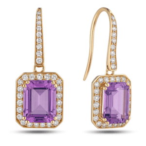Amethyst and Canadian Diamond Halo Hook Dangle Earrings in Yellow Gold