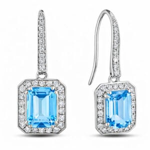 Blue Topaz and Canadian Diamond Halo Hook Dangle Earrings in White Gold