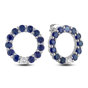 Canadian Diamond and Blue Sapphire Circle Stud Earrings in White Gold