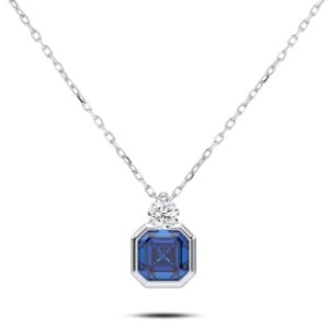 Blue Sapphire and De Beers Forevermark Diamond Pendant in 14K White Gold