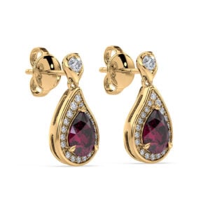 Rhodolite Garnet and Canadian Diamond Halo Drop Earrings in Yellow Gold