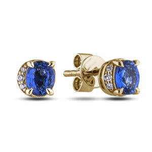 Blue Sapphire and Canadian Diamond Half Halo Stud Earrings in Yellow Gold