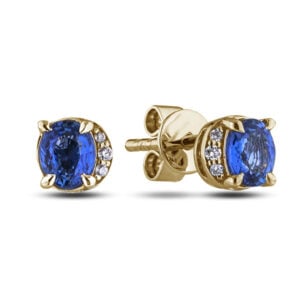 Blue Sapphire and Canadian Diamond Half Halo Stud Earrings in Yellow Gold