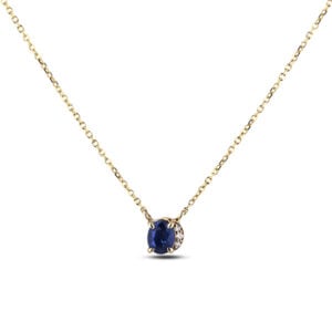 Blue Sapphire and Half Halo Canadian Diamond Pendant In Yellow Gold