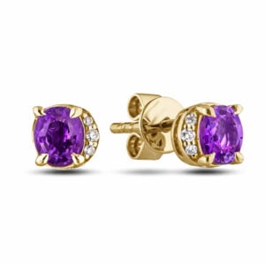 Amethyst and Canadian Diamond Half Halo Stud Earrings in Yellow Gold