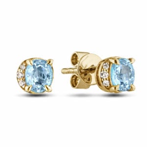 Aquamarine and Canadian Diamond Half Halo Stud Earrings in Yellow Gold