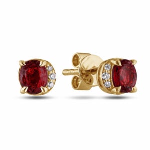 Garnet and Canadian Diamond Half Halo Stud Earrings in Yellow Gold