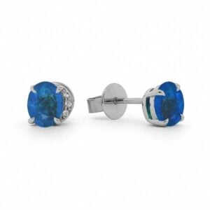 Blue Sapphire and Canadian Diamond Half Halo Stud Earrings in White Gold