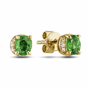Green Sapphire and Canadian Diamond Half Halo Stud Earrings in Yellow Gold