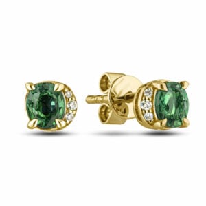 Green Sapphire and Canadian Diamond Half Halo Stud Earrings in Yellow Gold