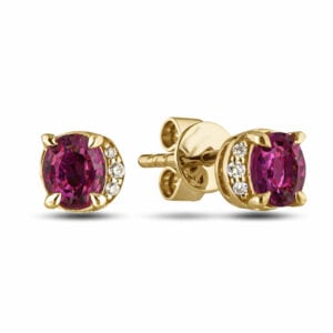 Rhodolite Garnet and Canadian Diamond Half Halo Stud Earrings in Yellow Gold