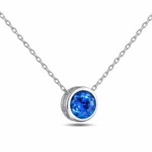 Blue Sapphire and Canadian Diamond Bezel Set Necklace in White Gold