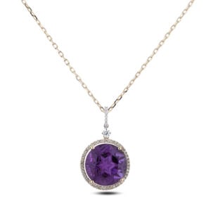 Amethyst and Canadian Diamond Halo Pendant in Yellow and White Gold