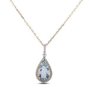 Aquamarine and Canadian Diamond Halo Pendant in Yellow and White Gold