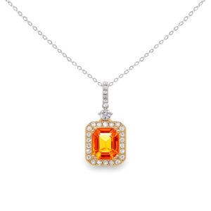 Emerald Shaped Orange Sapphire & Canadian Diamond Halo Pendant in Yellow and White Gold