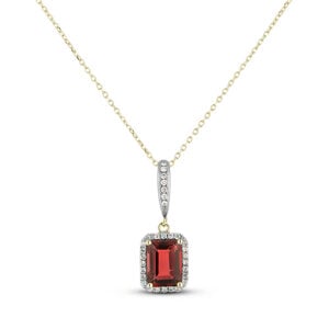 Emerald Cut Garnet and Canadian Diamond Halo Pendant in Yellow Gold