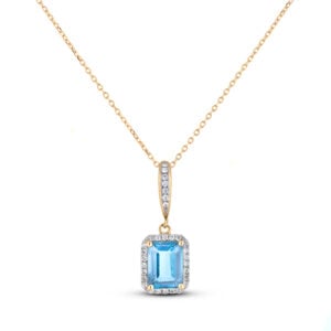 Emerald Cut Blue Topaz and Canadian Diamond Halo Pendant in Yellow Gold