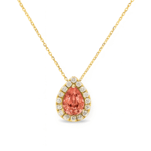 Padparadscha Orange Color Sapphire & Canadian Diamond Halo Pendant in Yellow Gold