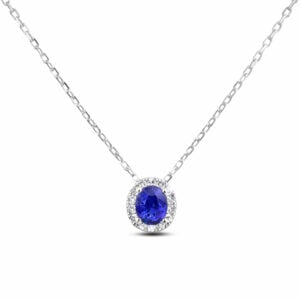 Tanzanite and Canadian Diamond Halo Pendant In White Gold