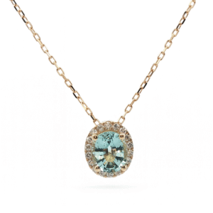 Oval halo Aquamarine and Canadian Diamond Pendant in Yellow Gold