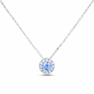 Round Cut Blue Sapphire and Canadian Diamond Halo Pendant in White Gold