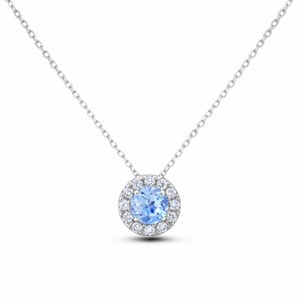 Round Cut Blue Sapphire and Canadian Diamond Halo Pendant in White Gold
