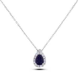 Pear-Shaped Blue Sapphire and Canadian Diamond Halo Pendant in White Gold