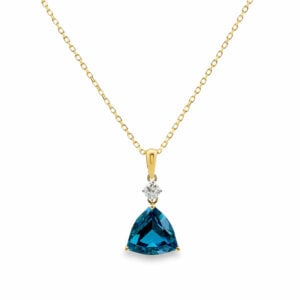 Trilliant Cut Blue Topaz and Canadian Diamond Pendant in Yellow Gold