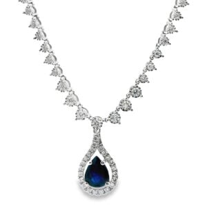 Pear Cut Ceylon Origin Blue Sapphire & Diamond Halo Necklace in 14K White Gold