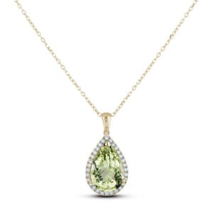 Pear Shape Green Aquamarine and Canadian Diamond Halo Pendant in Yellow Gold