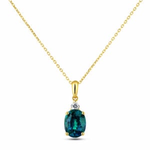 Thailand Origin Oval Shaped Blue Green Sapphire & Canadian Diamond Pendant In Yellow Gold