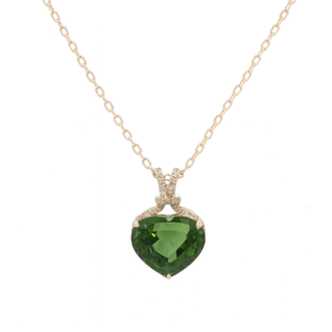 Green Tourmaline Heart Pendant with Diamond Halo In 14K Yellow Gold