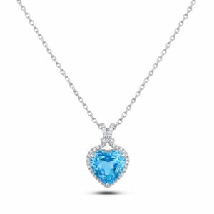 Blue Topaz Heart Pendant with Canadian Diamond Halo In White Gold