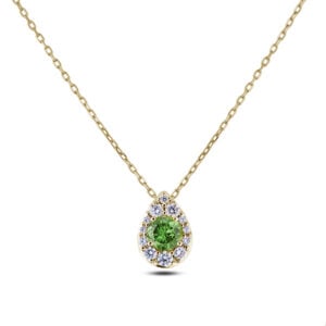 Tanzanian Origin Green Sapphire and Canadian Diamond Halo Pear Shaped Pendant In Yellow Gold