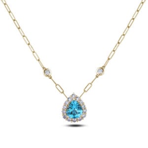Blue Topaz and Canadian Diamond Halo Pendant with Bezel Set Paperclip Chain in Yellow Gold
