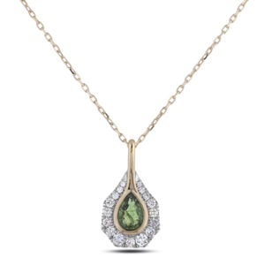 Madagascar Green Sapphire and Canadian Diamond Bezel Set Halo Pendant in White and Yellow Gold