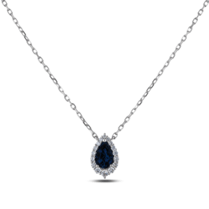 Non Heated Blue Sapphire and Canadian Diamond Halo Necklace in White Gold