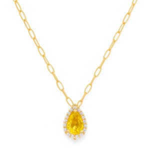 Ceylon Origin Yellow Sapphire and Canadian Diamond Halo Paperclip Chain Necklace in Yellow Gold