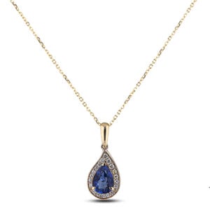 Canadian Diamond and Pear Shape Blue Sapphire Halo Pendant in Yellow Gold
