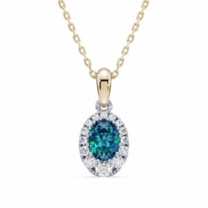 Non Heated African Origin Blue Green Sapphire and De Beers Forevermark Diamond Halo Pendant in 14K Gold